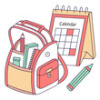 © hamza - Illustration of a backpack filled with school supplies next to a calendar and a pencil on a white background