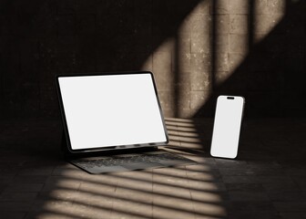 Wall Mural - responsive web design and website mockup, devices mock up, smartphone desktop tablet laptop template