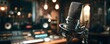 © ParinApril - Vintage studio microphone in a modern recording atmosphere with warm lighting and sound equipment creating a creative music production space