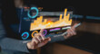 © Rawat - A person interacts with a transparent digital interface displaying colorful data charts and graphs, symbolizing futuristic data analysis and technology.
