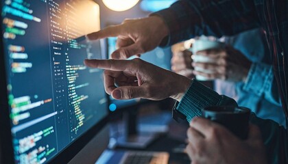 analyzing code and data on the monitor while pointing at the data