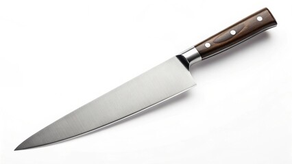 High-angle view of a sharp, versatile kitchen knife featuring a polished blade and a rich, riveted wood-grain handle, casting a subtle shadow on a pure white surface.
