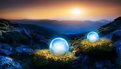 two glowing orbs nestled in a dark landscape