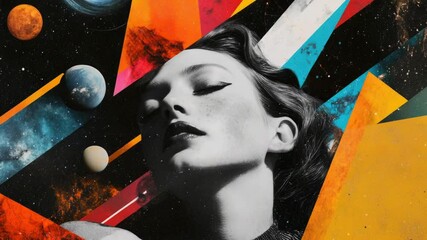 Wall Mural - a black and white image featuring a woman surrounded by planets