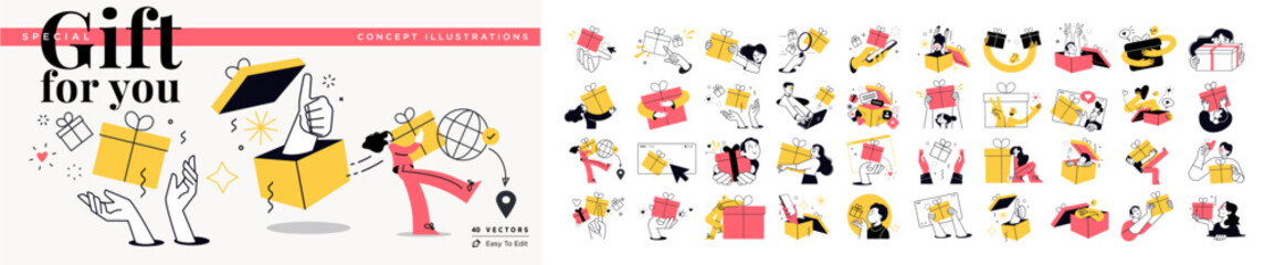 Wall Mural - Gift for you concept illustrations. Set of people vector illustrations in various activities of e-commerce, delivery, shopping, giving or sending gifts, surprises and celebrations.