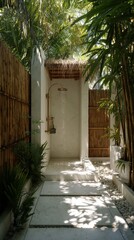 Wall Mural - tropical outdoor shower sanctuary with bamboo walls, lush palm leaves, and sunlight casting intricat