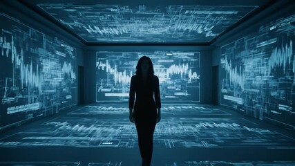 Woman Walks in Futuristic Data Room: Technology, Innovation, and Digital World