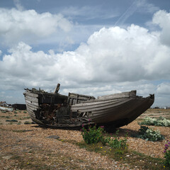 Naklejka na meble Dungeness, England, United Kingdom, 23rd May 2025,  damaged wrecked fishing boat