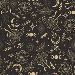 Wall Mural - magic seamless pattern. boho magic background with space elements stars, butterflies.