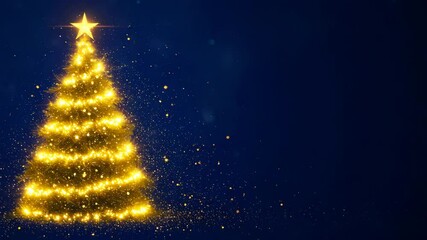 Wall Mural - elegant golden christmas tree shimmering on deep blue background for festive holiday celebration