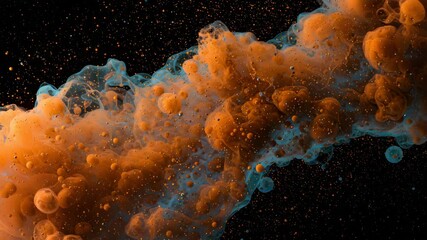 Wall Mural - ethereal orange and blue volumetric clouds with golden particles on a black background