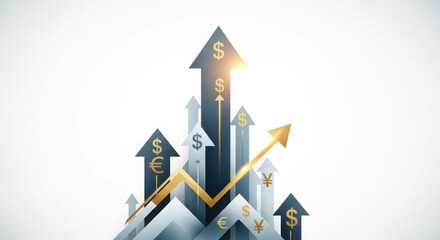 Abstract arrows pointing upwards with financial symbols, minimal layout