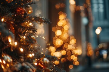 Wall Mural - Soft bokeh lights from a Christmas tree glowing in the blurred background.