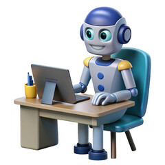 3d cartoon robot working on a laptop isolated on transparent background
