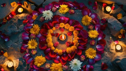 Wall Mural - Floral arrangement with a lit candle at its center