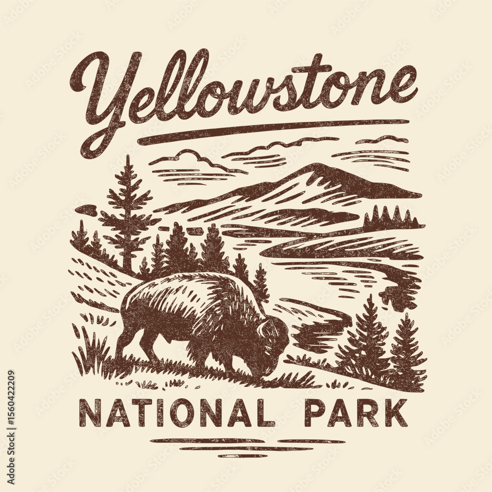 Yellowstone National Park Buffalo with Mountain and River Landscape ...