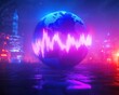 © mrbee - Futuristic globe with neon soundwaves art.
