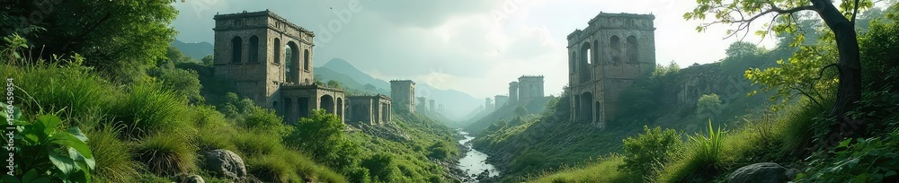 Forgotten Cityscape Crumbling Buildings and Overgrown Ruins Hint at a Lost Civilization, Evoking a Sense of Profound Absence and Decay