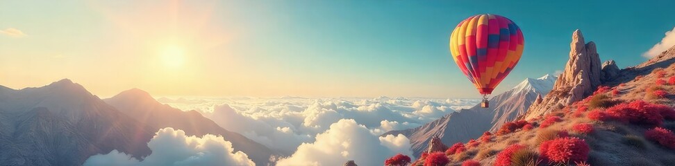 Wall Mural - Hot Air Balloon Adventure Soaring Over a Surreal Landscape of Limitless Freedom and Whimsical Wonder, Inspiring Dreams of Escape and High-Altitude Exploration