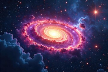 Wall Mural - Breathtaking Panoramic View of a Vibrant Spiral Galaxy Swirling Nebulae, Distant Stars, and Cosmic Detail, Perfect for Science Fiction, Astronomy, and Space Exploration Projects.
