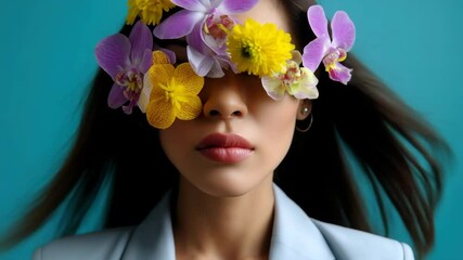 Wall Mural - portrait of a woman with closed eyes, on which instead of eyelids there are bright flowers (purple o