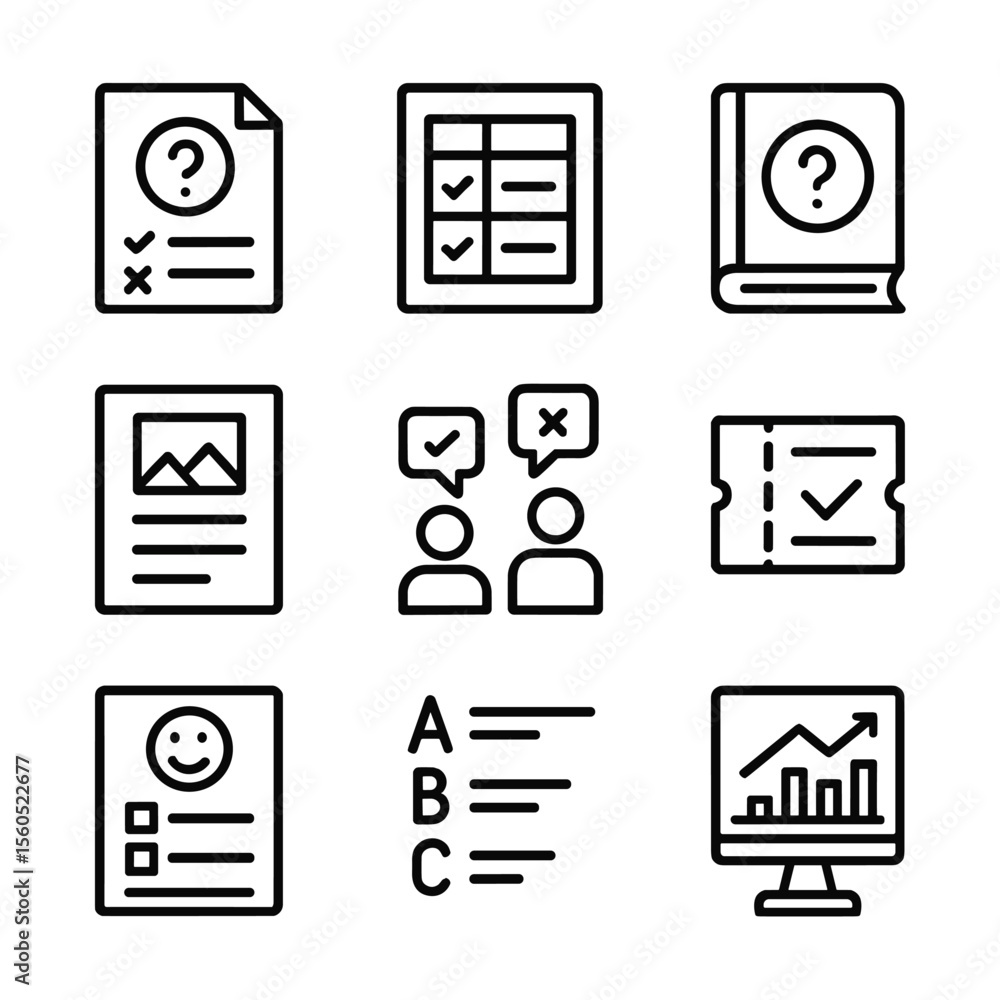 Assessment Icon Set. Outline icon set of assessment design: quiz paper ...
