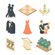 © Влада Яковенко - Ballroom Dance Icon Set. Isometric Flat icon set of ballroom dance group: waltzing couple silhouette, ballroom dance floor,