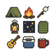 © Coosh448 - Campout Pixel Art Icons. Pixel art icon set of campout under the stars: tent, campfire, marshmallow on stick, lantern, sleeping