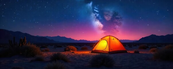 Wall Mural - Solitary Desert Tent Under Starry Night Sky Peaceful Wilderness Escape