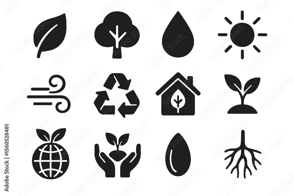 Black set of 12 environment icons. Minimal vector for nature and eco ...