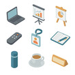 © Svitlana - Local Workshop Icons. Isometric Flat icon set of local workshop seminar: laptop computer, presentation screen, flip chart,
