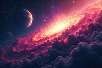 Wall Mural - Majestic Lone Planet Swathed in Vibrant Nebula A Breathtaking Celestial Landscape