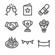 © Тимур Кунець - Job Promotion Icons. Outline icon set of job promotion toast: clinking champagne glasses, congratulatory card, certificate scroll,