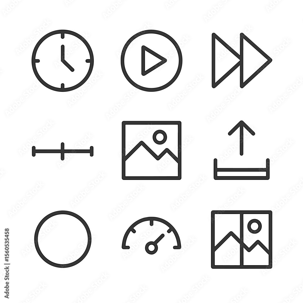 Time-Lapse Icon Set. Outline icon set of time-lapse art creation: clock ...