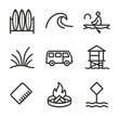© Тимур Кунець - Surf Sanctuary Icons. Outline icon set of hidden surfing sanctuary: surfboard rack, point-break wave, dawn paddle silhouette, dune