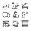 © Тимур Кунець - Warehouse Dock Icons. Outline icon set of warehouse receiving dock operations: loading ramp, pallet jack, dock leveler, incoming