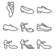 © Coosh448 - Dance Shoe Icons. Outline icon set of dance shoes and footwear: pointe shoe, ballet flat, tap shoe, jazz shoe, ballroom heel,