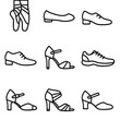 © Coosh448 - Dance Shoe Icons. Outline icon set of dance shoes and footwear: pointe shoe, ballet flat, tap shoe, jazz shoe, ballroom heel,
