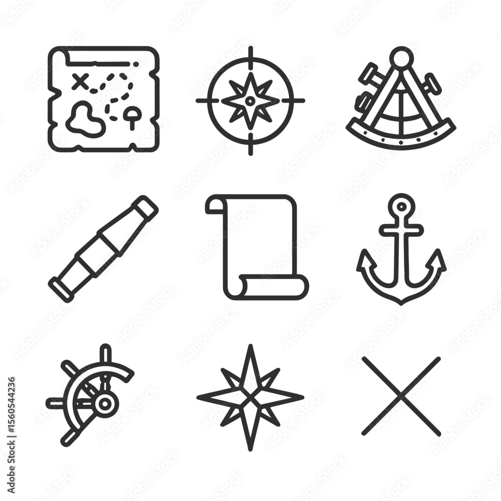 Nautical Chart Distance Measure Icon Nautical Map Icons. Outline icon set of nautical maps and navigation ...