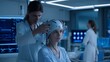 © tdd - High-tech medical laboratory with blue-toned lighting, a woman in a white lab coat adjusting a futuristic helmet on a seated patient, advanced technology, monitors displaying blue-hued graphs,