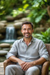 © f_bossa - A smiling man with short brown hair and a light beard sits comfortably in a wicker chair within a lush, tropical garden setting featuring a small waterfall.