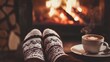 © adriyanca - Cozy feet in warm socks near a fireplace with coffee (1)