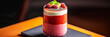 © pundapanda - A colorful chia seed pudding layered with red fruit puree, yogurt, and matcha sits on a wooden board, accompanied by fresh berries perfect for a healthy breakfast, banner