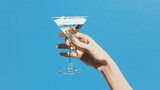 elegant female hand holding white espresso martini in stylized side view painting
