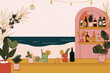 © serz72 - A tantalizing mojito garnished with lime sits on a colorful bar counter overlooking the ocean. Gentle waves lap at the shore as the sun sets, creating a serene atmosphere