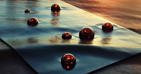 Wall Mural - Dark glass spheres with glowing red cores create ripples on a water surface at sunset.