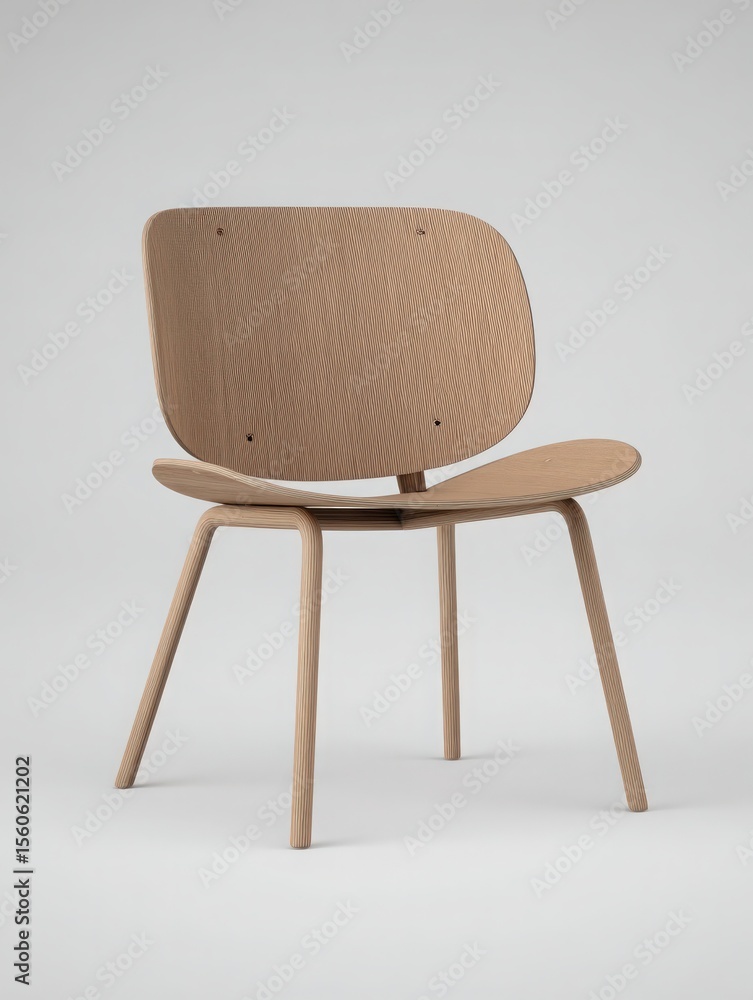 A stylish wooden chair stands upright, featuring a smooth, natural finish and an organic shape. Its simple design highlights the craftsmanship, making it suitable for modern interiors.