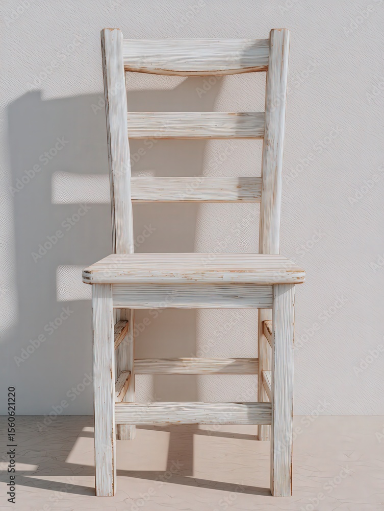 A rustic wooden chair features a distressed white finish, standing against a smooth, light-colored wall. The simple design highlights its vintage charm, creating a cozy atmosphere.