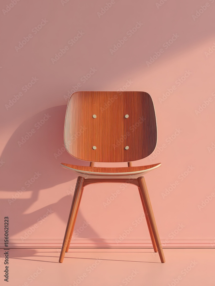 A wooden chair with a minimalist design is set against a pastel pink wall. The chair features a smooth finish and distinct holes in its backrest, creating a contemporary aesthetic.
