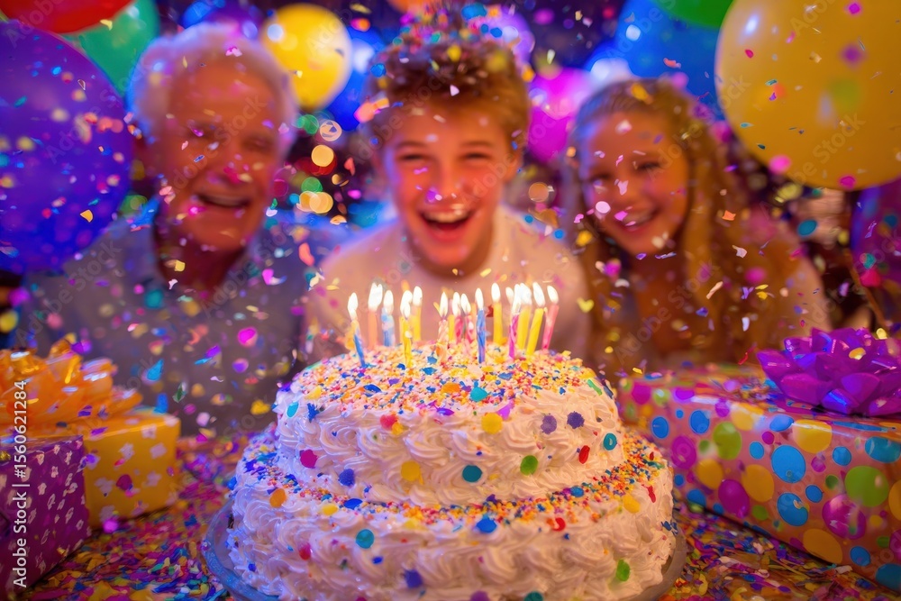 A joyful celebration takes place as a young boy smiles in front of a decorated cake with candles surrounded by family. Colorful balloons and confetti fill the atmosphere.